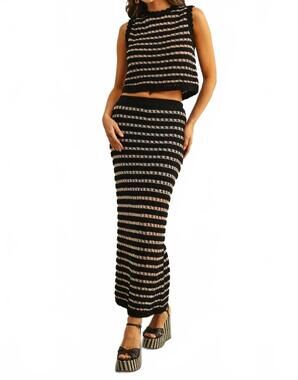 NEW NYLAND kerensa crochet knit straight long skirt in black/straw